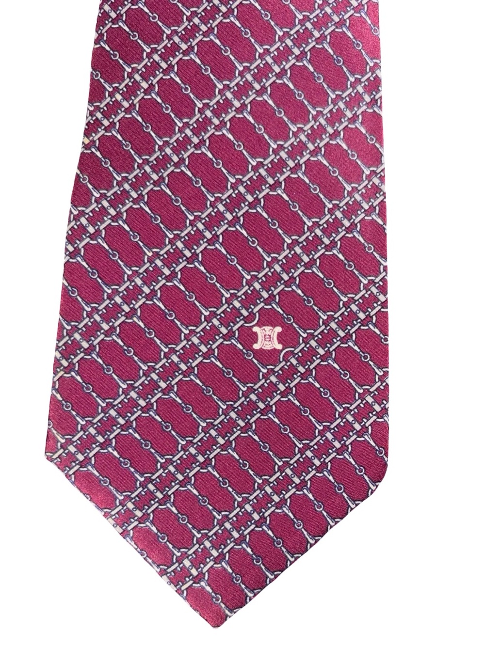 Authentic Celine Burgundy Geometric Chain-Pattern Silk Tie